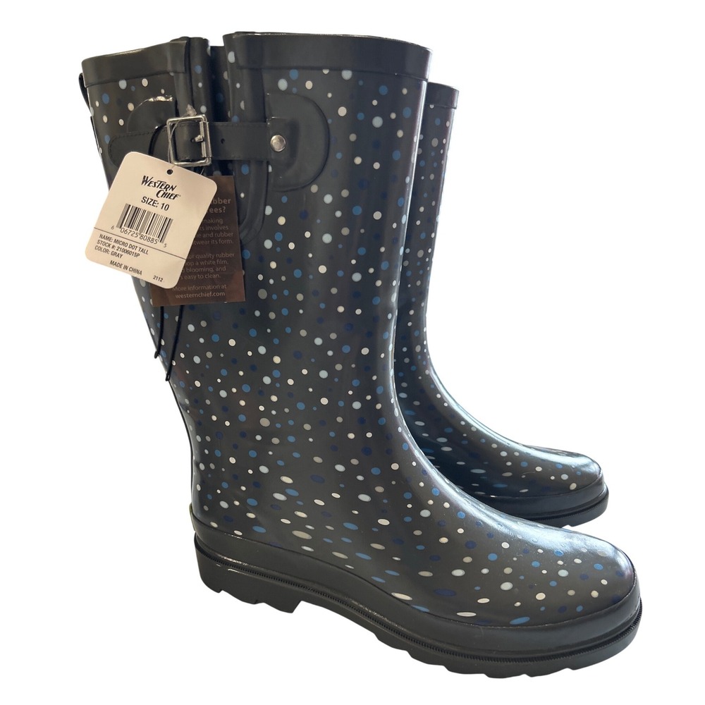 Western Chief Micro Dot Tall Gray Polka Dot Rubber Rain Boots Womens Size 10 NEW